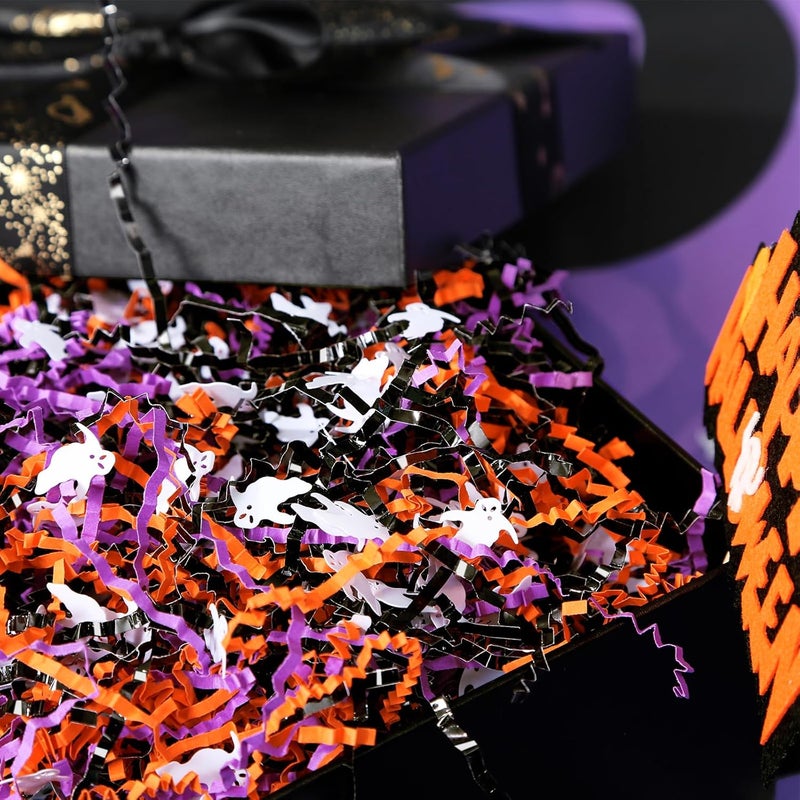 PAPER FAIR 1LB Halloween Metallic Black Orange Purple Crinkle Cut Paper with Ghost Confetti, Trick or Treat Candy Gift Basket Box Shredded Paper Raffia Filler, Craft Bedding Cushion, Birthday Party - Image 4